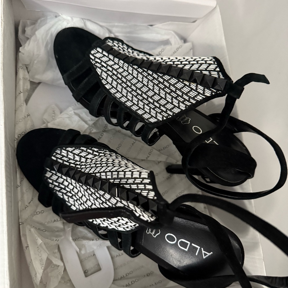 Aldo Black and White Heels with Geometric Pattern